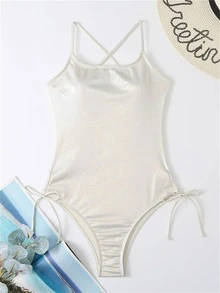 Solid Drawstring Side Criss Cross Backless One Piece Swimsuit Summer