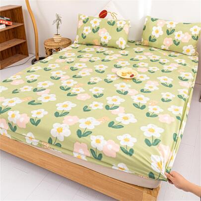 1pc Flower Pattern Fitted Sheet, Modern Fabric Fitted Bottom Sheet For Bedroom