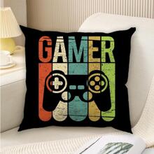1pc Gamepad & Letter Graphic Cushion Cover Without Filler, Modern Fabric Decorative Throw Pillow Case For Living Room And Bedroom - Multicolor - View 1