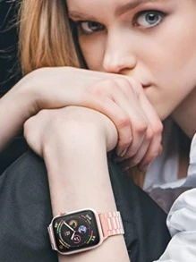 男女商務休閒時尚不銹鋼金屬手錶帶，適用於Apple Watch 42mm/44mm/45mm/49mm/38mm/40mm/41mm，適用於Apple Watch 8/7/6/5/4/3/2/1/Se/Se2/Ultra活動手鍊，附贈免費拆卸工具 - 粉色 - 查看 3