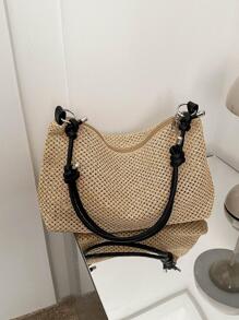 新款時尚時尚復古草編帶大容量單肩包女士 - 卡其色 - 查看 1