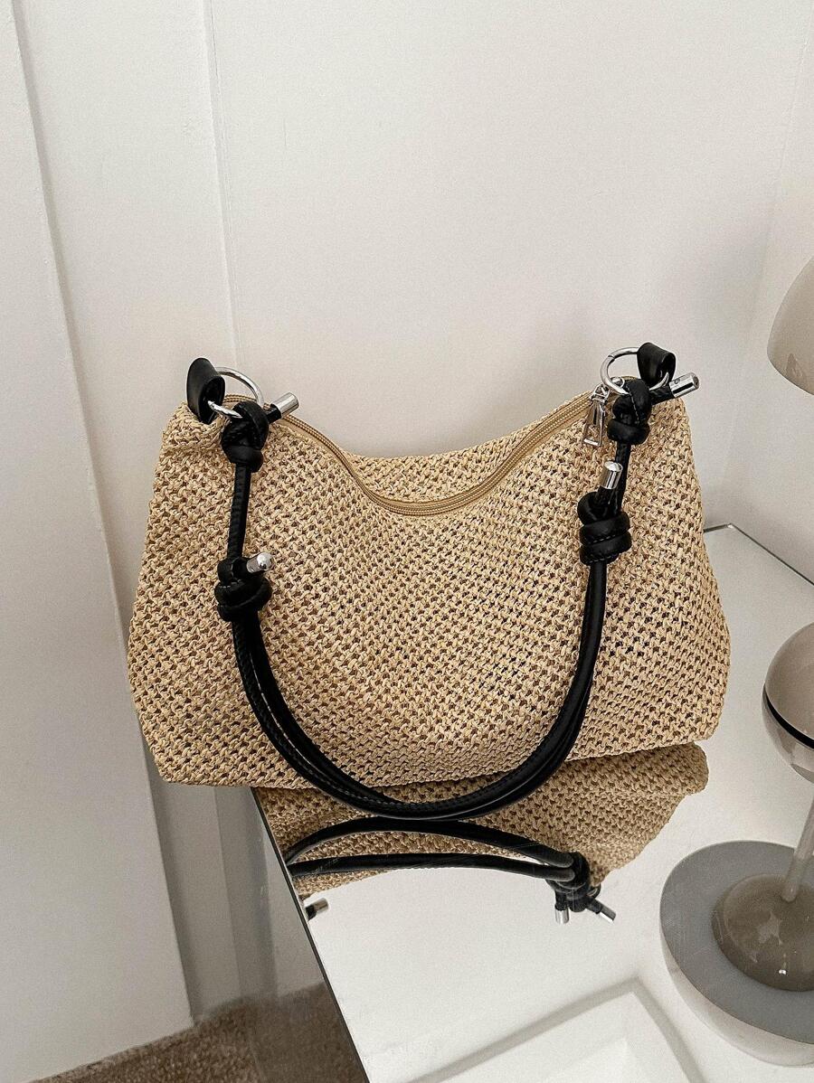 新款時尚時尚復古草編帶大容量單肩包女士 - 卡其色 - 查看 1