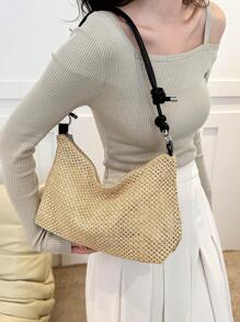 新款時尚時尚復古草編帶大容量單肩包女士 - 卡其色 - 查看 5