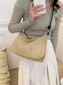新款時尚時尚復古草編帶大容量單肩包女士 - 卡其色 - 查看 7