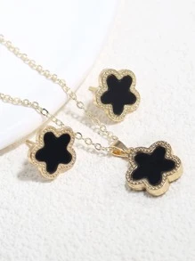 3入組/套時尚鋅合金花朵裝飾首飾套裝適合女士日常裝飾 - 黑色 - 查看 3