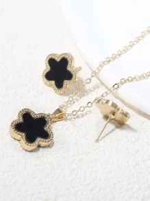 3入組/套時尚鋅合金花朵裝飾首飾套裝適合女士日常裝飾 - 黑色 - 查看 4