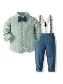 KIMOCAT Baby Boy Striped Bow Front Shirt & Suspender Pants Set
