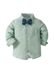 KIMOCAT Baby Boy Striped Bow Front Shirt & Suspender Pants Set