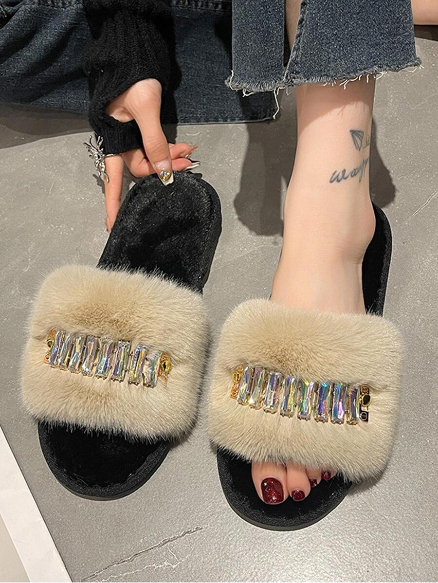 女士水鑽裝飾單帶臥室拖鞋,時尚室內毛絨家居拖鞋 - 咖啡棕 - 查看 1