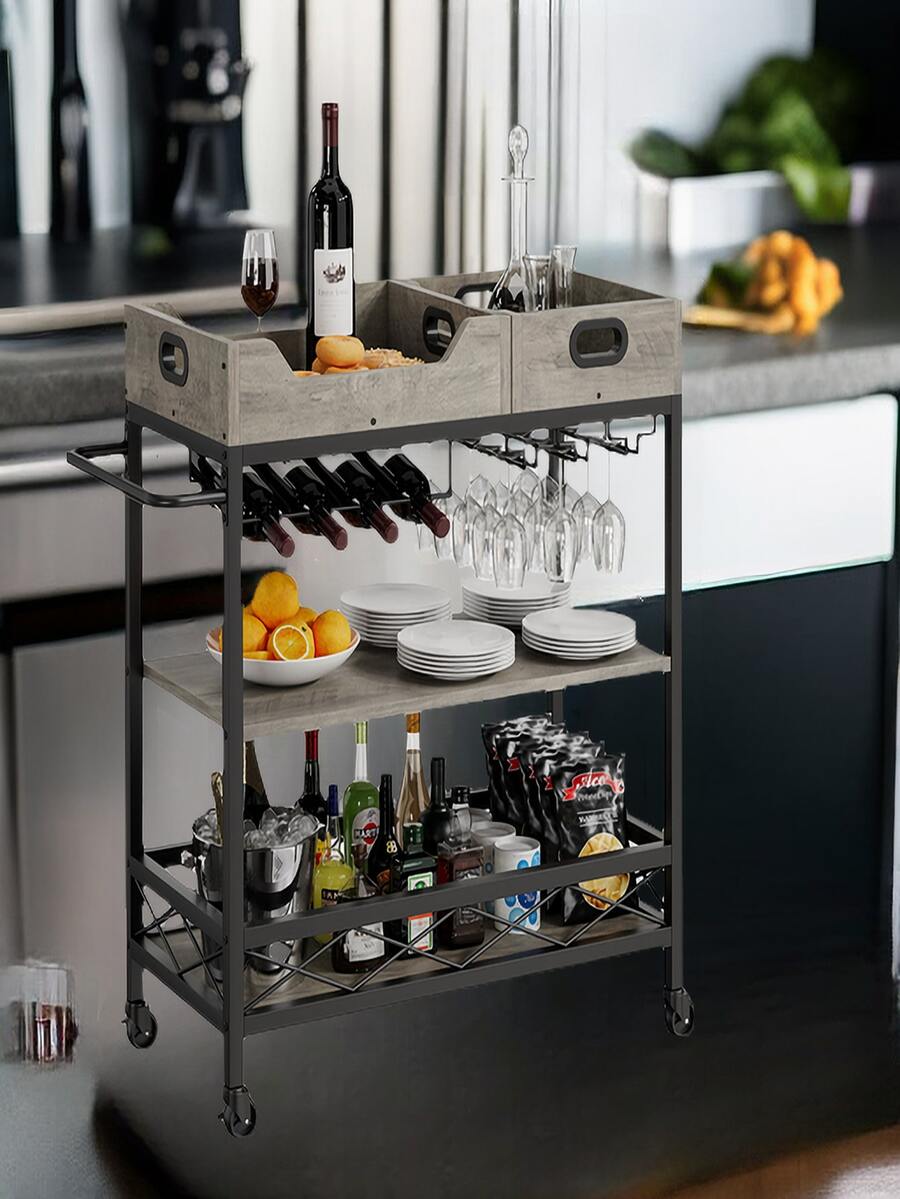 Bar Cart,3 Tier Bar Carts for The Home,Rustic Bar Cart with Wheels,Two Portable Trays,Wine Rack,Glasses Holder,Industrial Serving Cart for Kitchen,Living Room,Dining Room - 灰色 - 查看 1