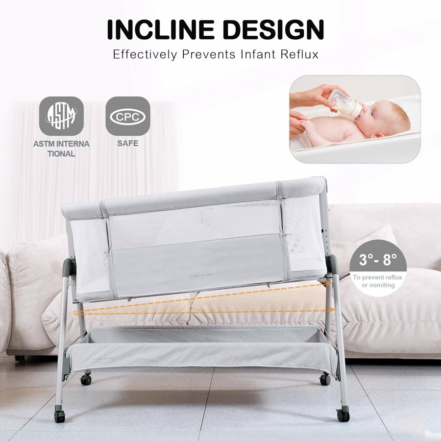 ANGELBLISS Baby Bedside Crib with Storage Basket and Wheels