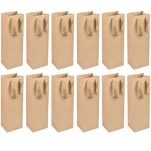 12入組帶繩把手酒瓶禮品袋，牛皮紙酒手提袋，單支酒香檳袋 - 薑色 - 查看 1