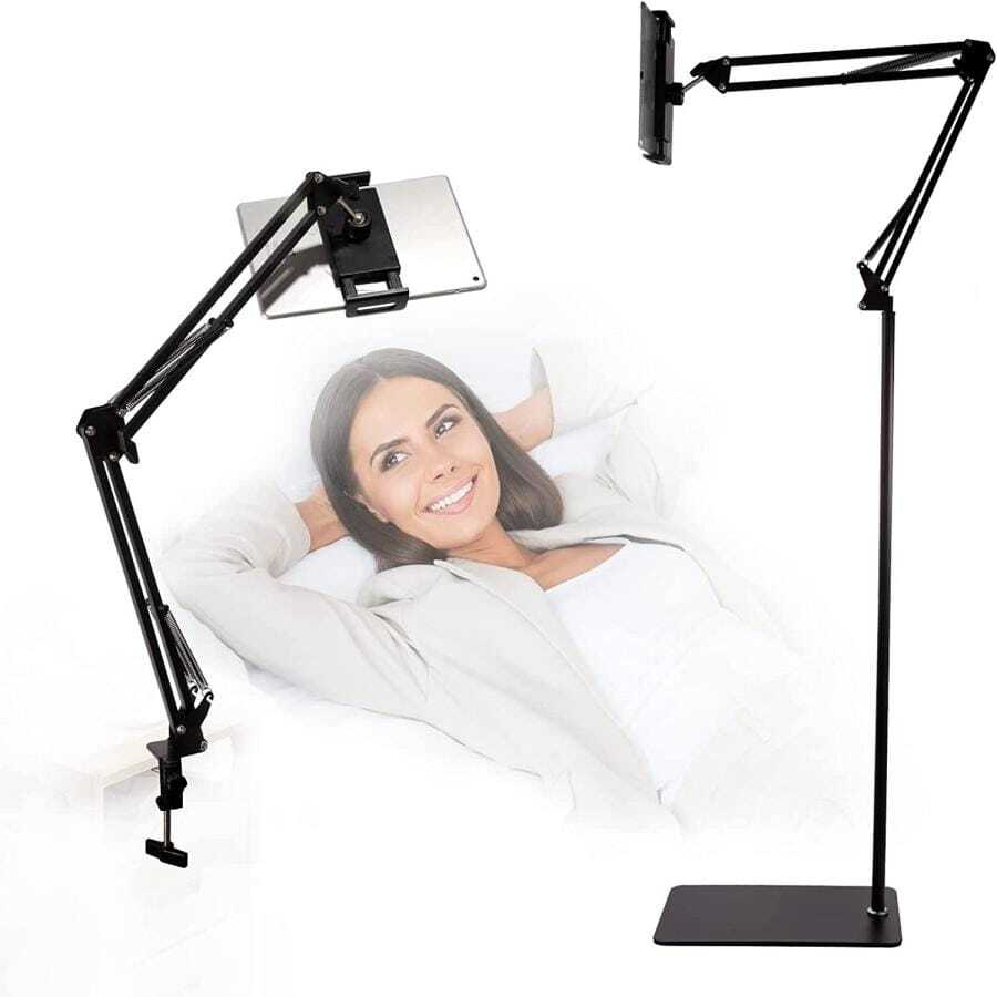Soporte de piso para tablet, soporte de piso para iPad de 61 pulgadas y soporte de brazo para tablet para cama o computadora, soporte giratorio de 360° para iPad, iPhone, Sumsung Tab, Switch y otros teléfonos y tabletas de 4.7 a 12.9 pulgadas - Negro - Ver 1