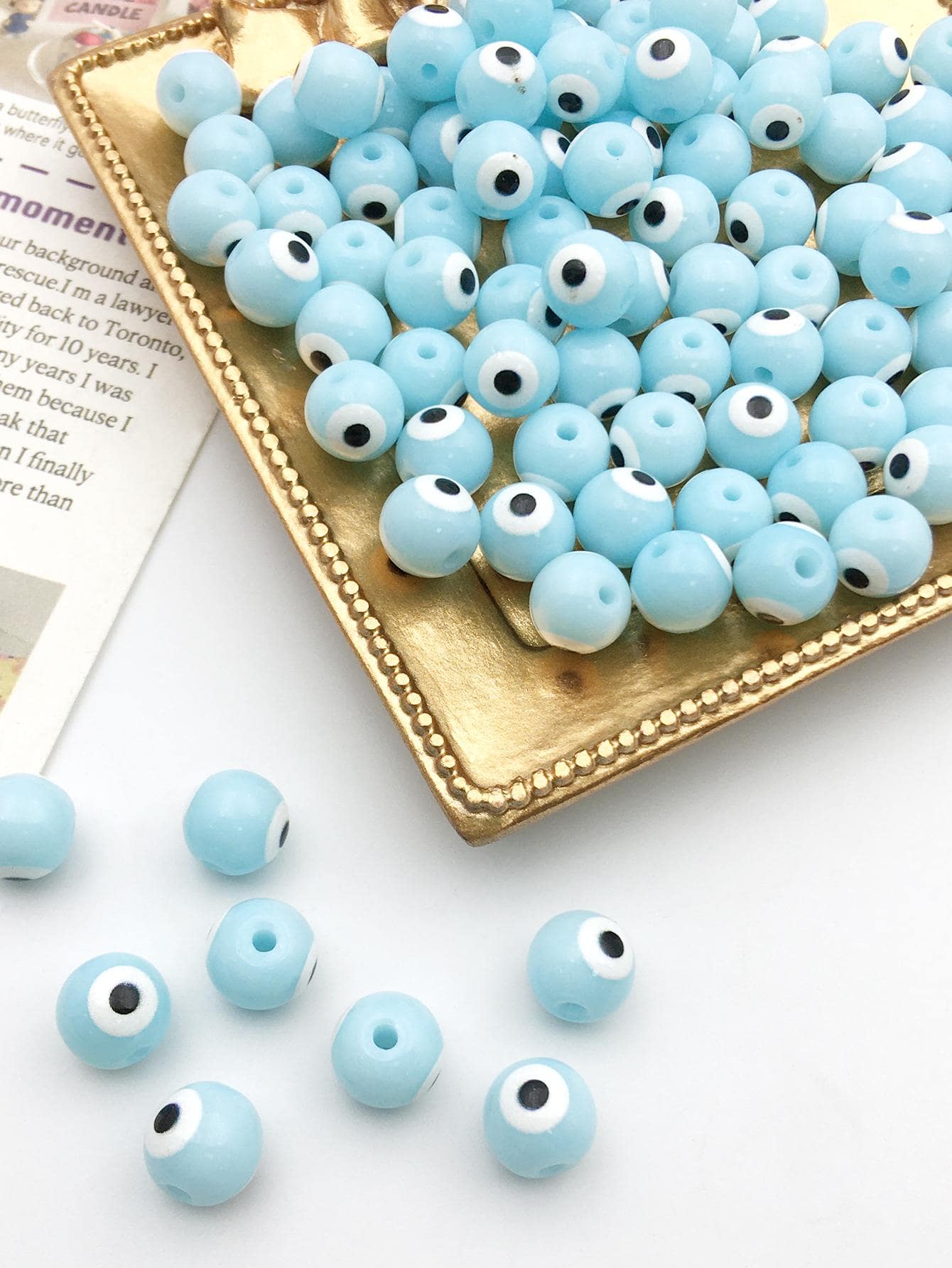 45顆/串8mm眼睛彩色金屬亮絲珠寶製作釘珠玻璃創意釘珠適用於手鍊項鍊手工配件珠子 - 淺藍色 - 查看 1