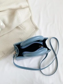 Mini Square Bag Fashion Raw Trim Double Handle PU - Blue - View 5