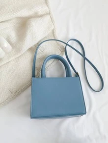 Mini Square Bag Fashion Raw Trim Double Handle PU - Blue - View 4