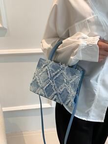 Mini Square Bag Fashion Raw Trim Double Handle PU - Blue - View 6