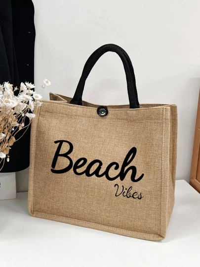 Beach Letter Holiday Bag, Women Fashion Canvas Zipper Handbag - Great For Shopping