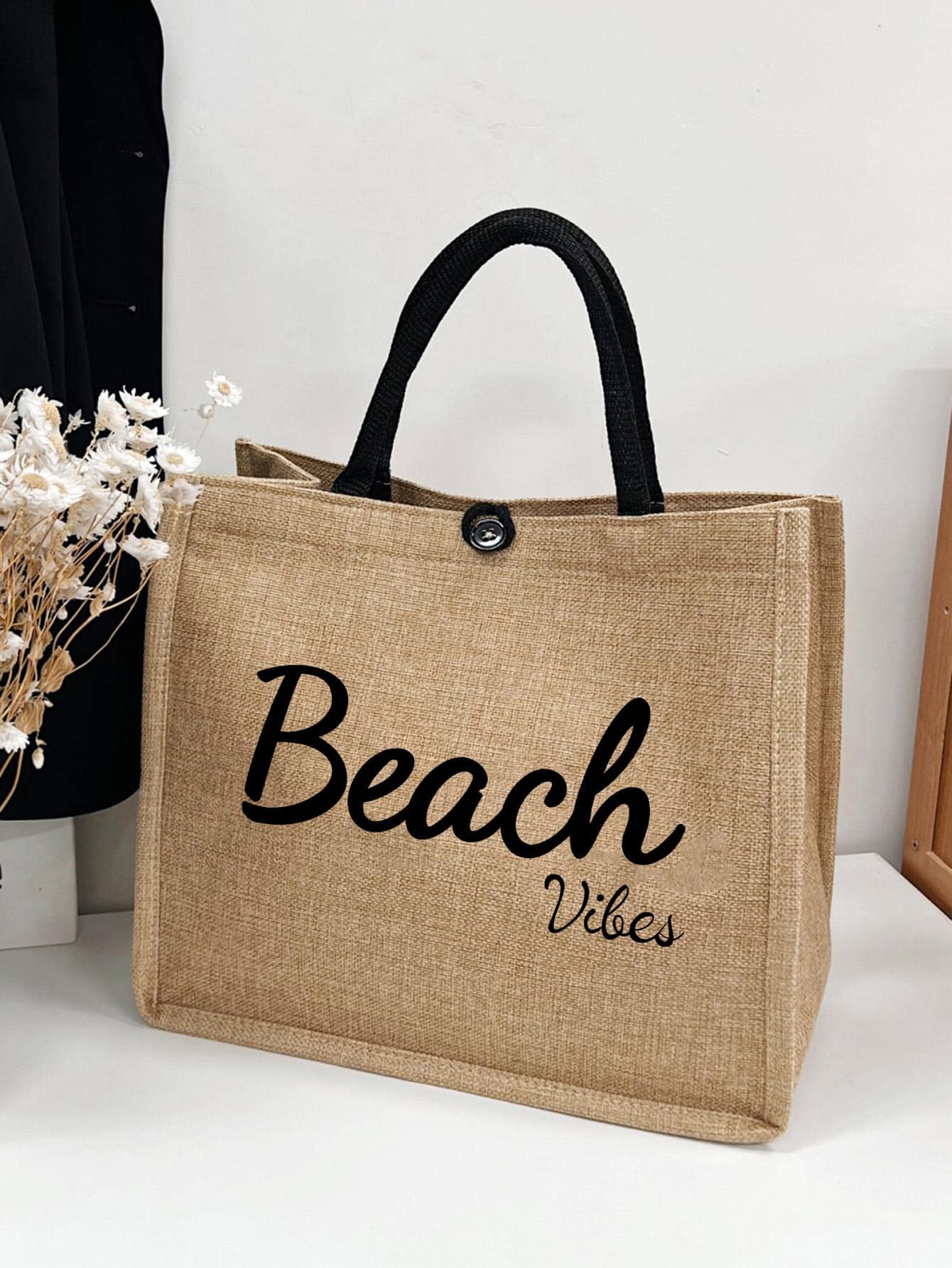 Túi du lịch in chữ, túi xách thời trang nữ bằng vải canvas có khóa kéo - Tuyệt vời cho việc mua sắm - Màu Khaki - Xem 1