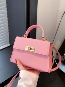 Mini Twist Lock Flap Túi vuông Màu trơn Tay cầm trên cùng - Hồng - Xem 3