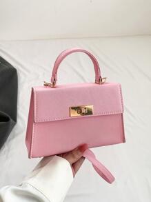 Mini Twist Lock Flap Túi vuông Màu trơn Tay cầm trên cùng - Hồng - Xem 6