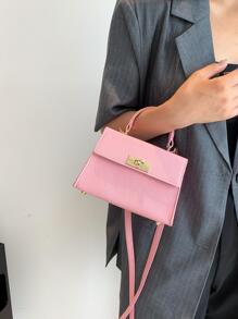 Mini Twist Lock Flap Túi vuông Màu trơn Tay cầm trên cùng - Hồng - Xem 4