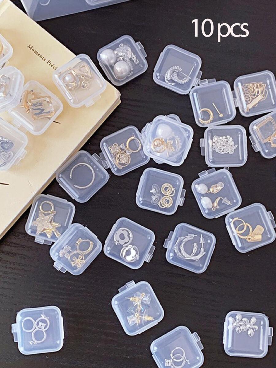 10pcs Mini Plastic Storage Containers Box Portable Pill Medicine Holder Storage Organizer Jewelry Packaging For Earrings Rings College Dorm Essentials, Stuff Bag, Nail Charms Organizer Necklace - Clear - View 1