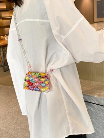 Mini Heart Shape Beaded Square Bag Colourblock Fashionable