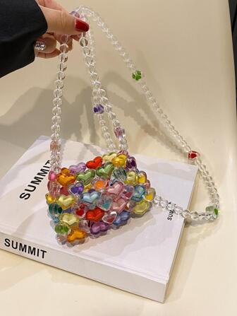 Mini Heart Shape Beaded Square Bag Colourblock Fashionable