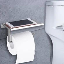 廁紙架，帶擱板和旋轉手機架廁紙架，壁掛式，帶膠墊或螺絲，SUS304不銹鋼，廚房 - 銀色 - 查看 6