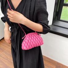 Minimalist Quilted Ruched Bag Neon Pink Chain Strap - Pink - View 2