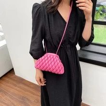 Minimalist Quilted Ruched Bag Neon Pink Chain Strap - Pink - View 1