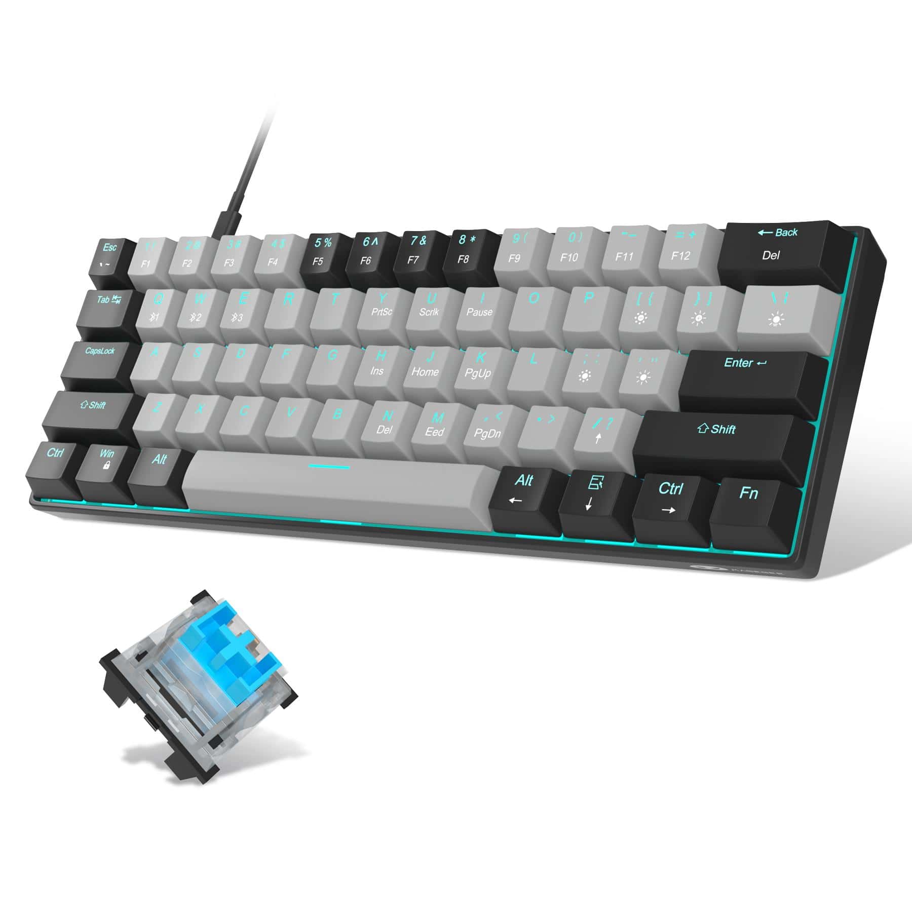 60% Mechanical Keyboard, 61Keys Gaming Keyboard with Blue/Red Switches and Sea Blue Backlit Small Compact 60 PercentMechanical Keyboard Portable for Laptop Windows Computer and Gamer - 黑色 - 查看 1