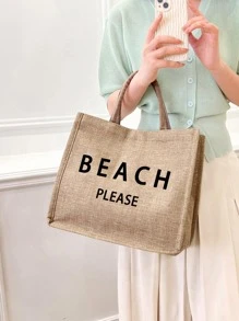 沙滩字母假日包，女士时尚帆布拉链手提包 - 非常适合购物 - 卡其色 - 查看 3