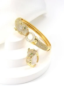 1入組精美方晶鋯石裝飾豹紋設計手鐲和1入組開口戒指適合女士適用於禮品 - 彩色 - 查看 2