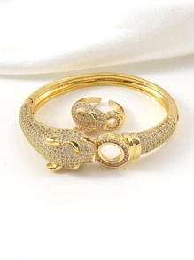 1入組精美方晶鋯石裝飾豹紋設計手鐲和1入組開口戒指適合女士適用於禮品 - 彩色 - 查看 3