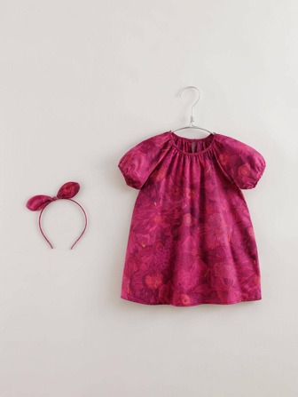 MARC&JANIE Young Girl French Elegant Floral Print Short Sleeve Dress With Petal Sleeve And Round Neck (Comes With Hairband) For Summer