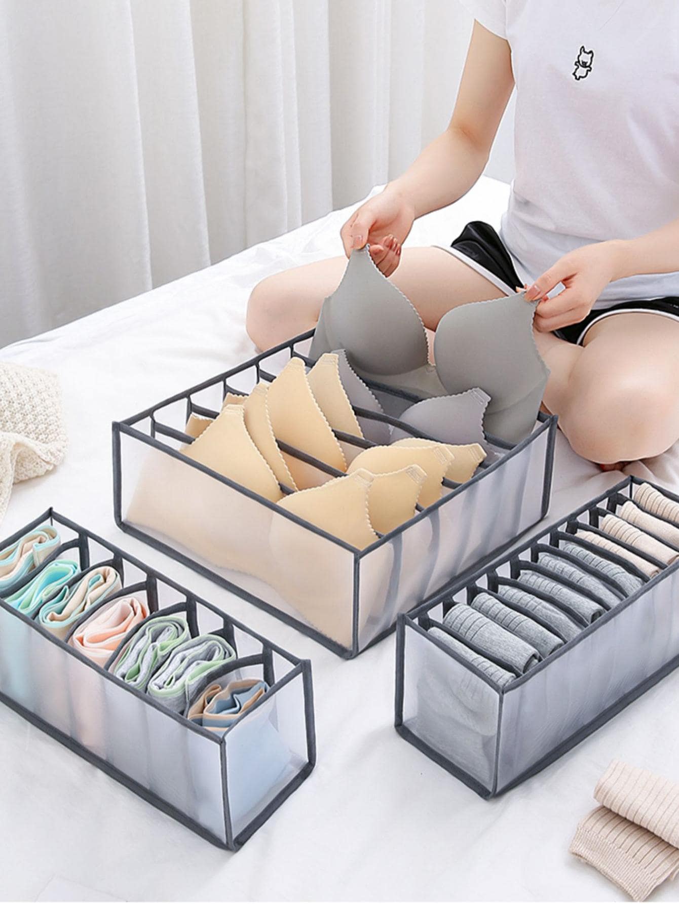 1入組可折疊內衣收納盒帶抽屜和格適用於襪子,文胸,內褲,壁櫥收納 - 灰色 - 查看 1