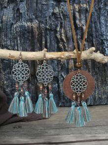 TopHanqi 1對波西米亞幾何設計流蘇耳墜和1入組吊墜項鍊適合女士日常裝飾 - 彩色 - 查看 2