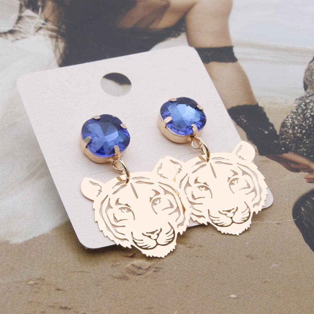 水鑽裝飾老虎頭耳墜 - 寶藍色 - 查看 1