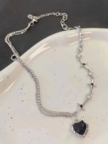 Heart & Star Charm Layered Necklace - Black - View 2