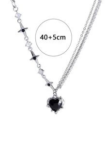 Heart & Star Charm Layered Necklace - Black - View 3
