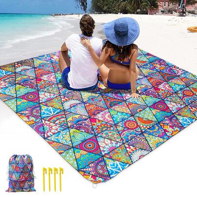 1 tấm thảm cắm trại ngoài trời in họa tiết Mandala hình thoi có thể gấp lại, chống ẩm, chống nước, chống cát cho bãi biển và dã ngoại, chăn dã ngoại di động, du lịch mùa hè, vật dụng cần thiết cho kỳ nghỉ bãi biển