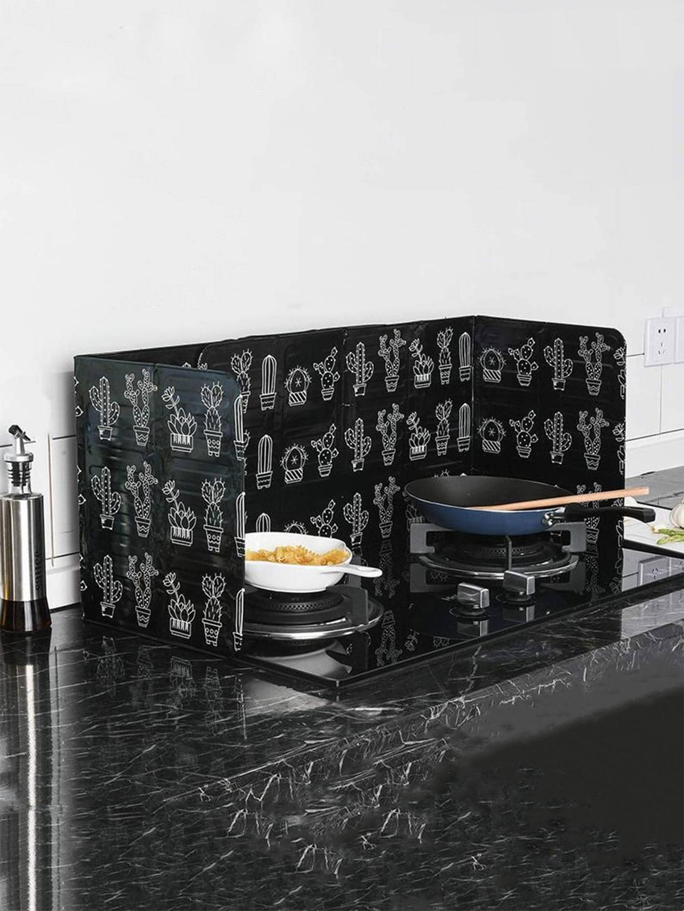 1入組仙人掌印花黑色耐熱耐油板，廚房用黑色鋁製可折疊板 - 黑色 - 查看 1