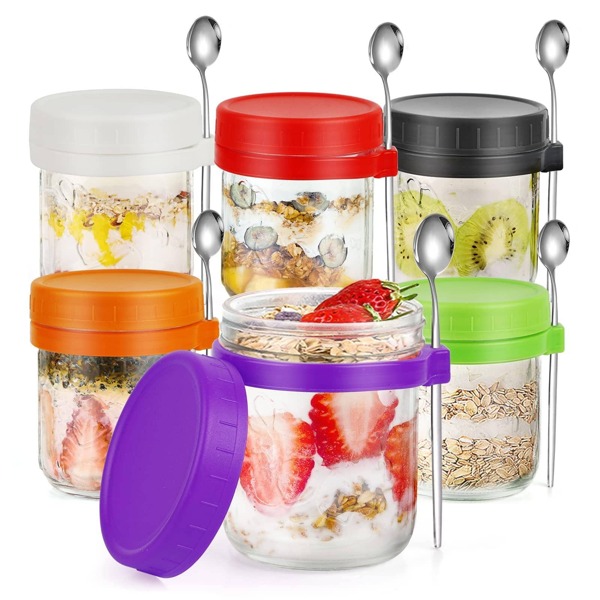 12 PCS Overnight Oats Containers With Lids And Spoons, 16 oz Glass