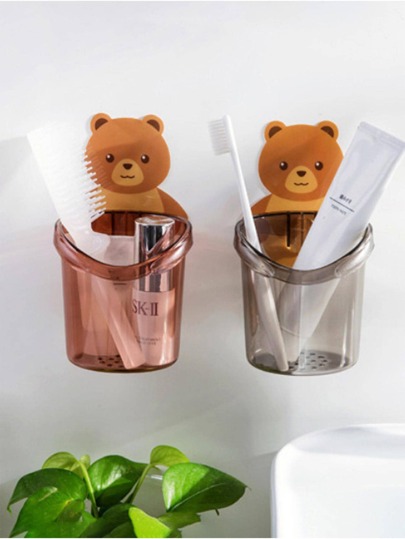 حاملي فرشاة أسنان بتصميم الدب الكرتوني 2 قطعة، أكواب بلاستيكية لتخزين فرشاة الأسنان مثبتة على الحائط لديكور المنزل والحمام، ديكور الخريف، عودة إلى المدرسة