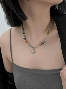 Shescity 1pc Unique Design Colorful Random Beaded Star & Smiling Face Stone Pendant Necklace, Cute & Versatile For Women, Suitable For Travel, Festivals, Parties, Gifts For Friends, Daily Wear, Perfect For Anniversary, Birthday, Thanksgiving, Christmas Gifts - Colorful - View 2