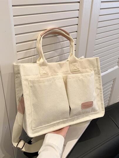 Letter Patch Decor Shopper Bag Corduroy Double HandleSchool Bag,Back To School Backpack,Large Capacity,Laptop Compartment,Luggage Strap Design,Portable,Lightweight, Suitable For Teen Girls Women College Students, Perfect For Back To School,Middle School, High School,College,Office