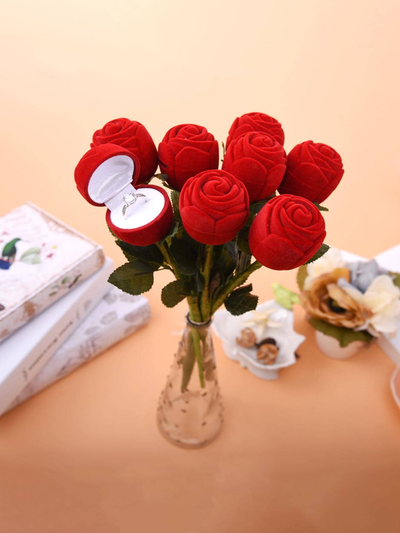 1pc Rose Shaped Ring Box, Red Plastic Romantic Jewelry Storage Box For Household - Red - View 1