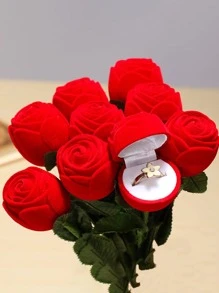 1pc Rose Shaped Ring Box, Red Plastic Romantic Jewelry Storage Box For Household - Red - View 4